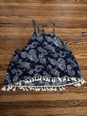 Forever 21 Navy Blue Paisley Tassel Trim Halter Tank Top
